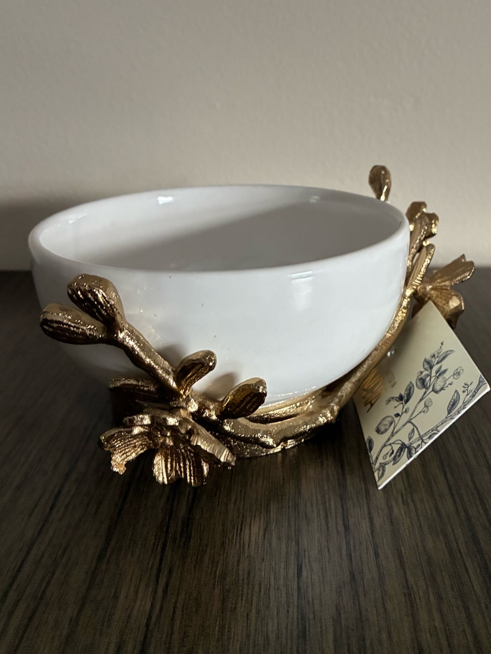 Gold Floral Branch Bowl Holder White Ceramic Vanity Bowl Glam From India